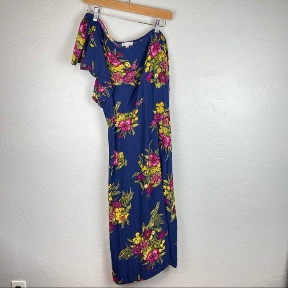 Leith Blue Floral One Shoulder Midi Dress Women's Medium Asymmetrical Flounce - Picture 2 of 7